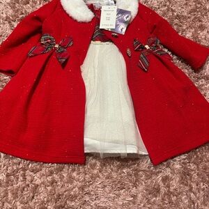 Elegant Red Kids Coat with White Fur Collar and Christmas dress